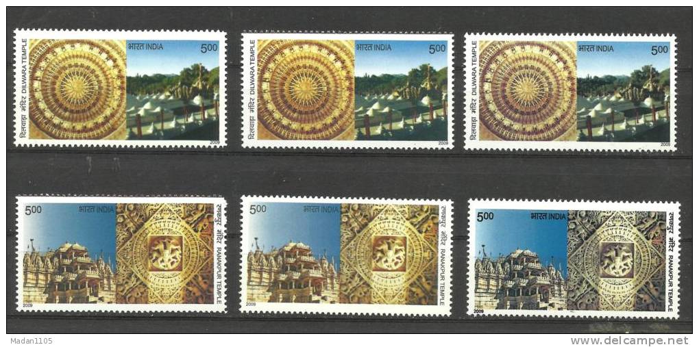 INDIA, 2009, Dilwara Temple And Ranakpur Temple, ERRORS Sets Of 2 With Colour Variations 3 Sets, MNH, (**) - Variétés Et Curiosités