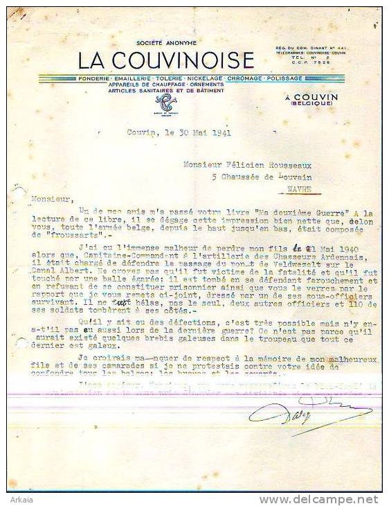 Couvin - 1941 - La Couvinoise - Fonderie-emaillerie-toler Ie - Other & Unclassified