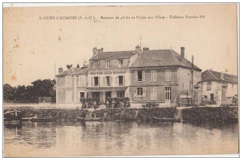 CPA 95 SAINT OUEN L'AUMONE Bateaux De Pêche Sur L'Oise Devant Le Restaurant Hôtel Tabac Maison CARLES 1935 - Saint-Ouen-l'Aumône