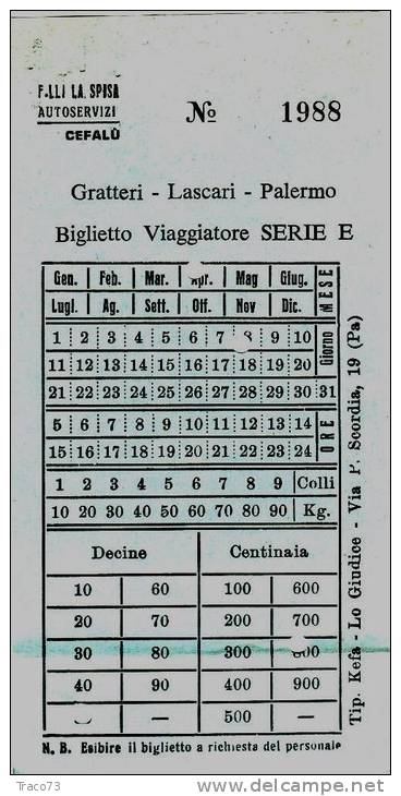 GRATTERI - LASCARI - PALERMO / AUTOSERVIZI  F.LLI LA SPISA  - Biglietto Viaggiatore - Europa