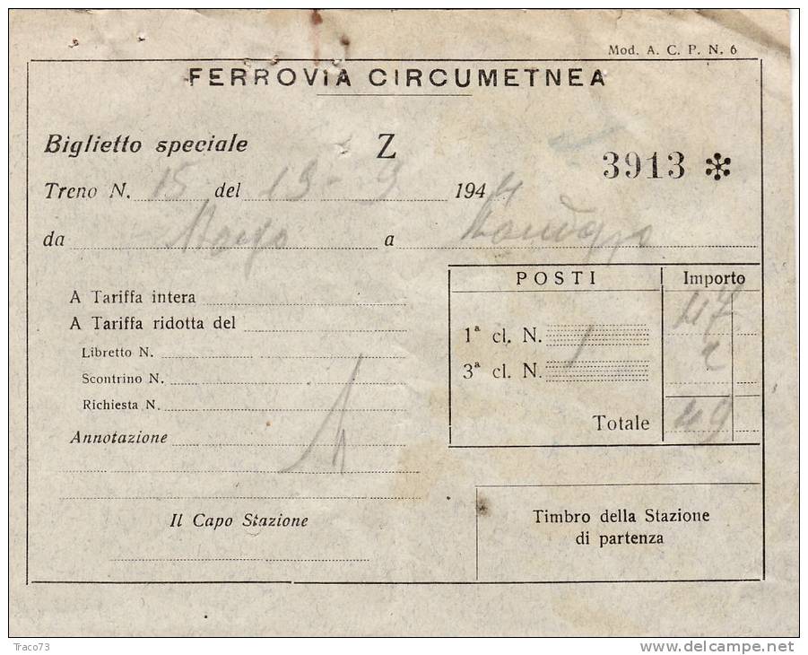 FERROVIA CIRCUMETNEA  /  Biglietto Speciale  " Z " _ 15.19.1944 - Europe