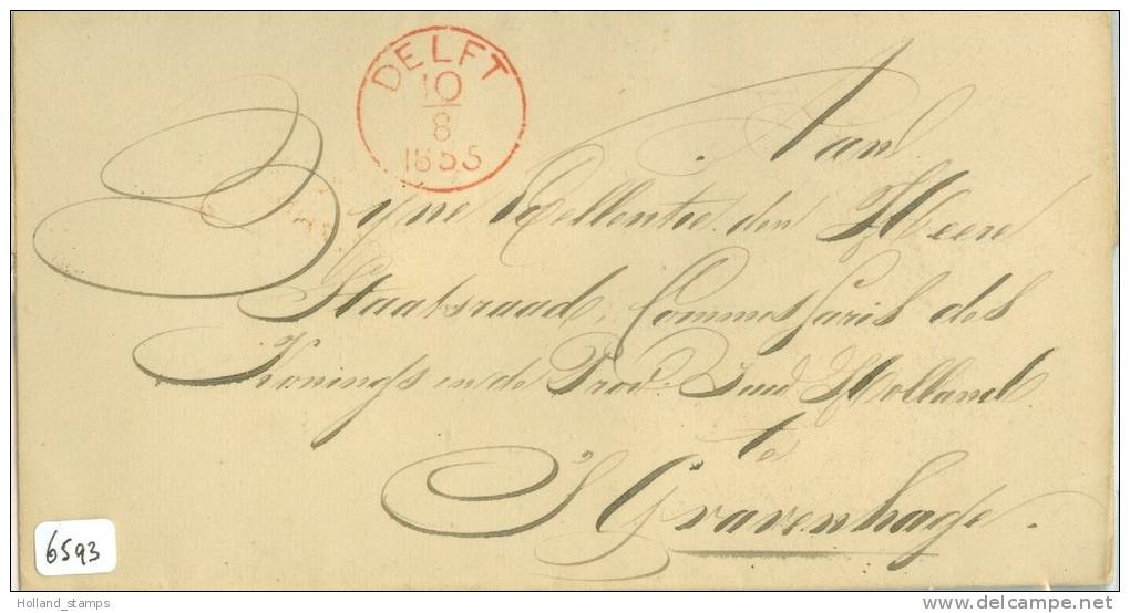 BRIEFOMSLAG Uit 1855 Van DELFT Aan De HEER STAATSRAAD COMMISSARIS DES KONINGS In De PROVINCIE ZUID HOLLAND Te 's-GRAVENH - Covers & Documents