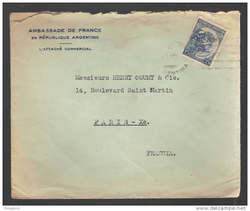ARGENTINE 1937 Usage Courant Obl. S/lettre Ambassade Pour La France - Ganzsachen