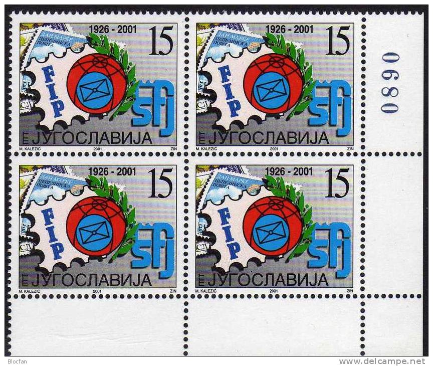 FIP-Emblem Tag Der Briefmarke 2001 Jugoslavia 3046 Im ER-Block ** 9€ Stamp On Stamp Bloc Philatelic Sheet Bf YUGOSLAVIJA - Otros & Sin Clasificación