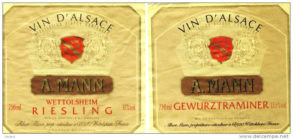 2 Etiquettes De Vin Alsace A. MANN - Gewurztraminer / Riesling - Gewurztraminer