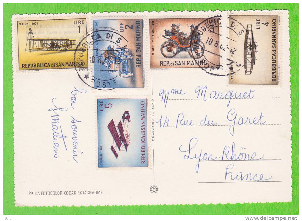 Sur CP - SAN MARIN - 5 Timbres - Lettres & Documents