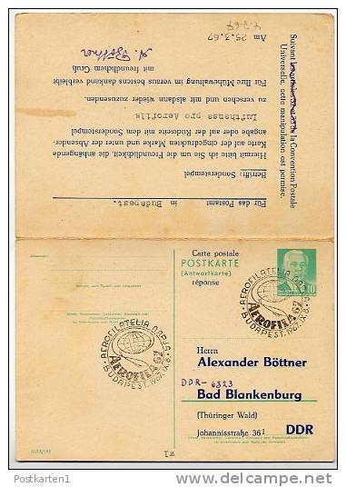 DDR P70 I Postkarte Mit Antwort PRIVATER ZUDRUCK BÖTTNER #2 Sost. AEROFILA BUDAPEST 1967 - Privatpostkarten - Gebraucht