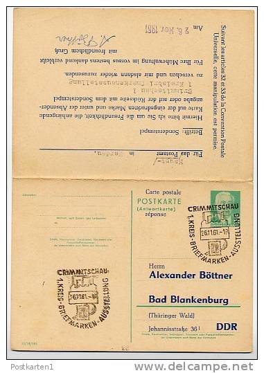 DDR P70 I  Postkarte Mit Antwort PRIVATER ZUDRUCK BÖTTNER #2 Sost. AUSSTELLUNG Crimmitschau 1961 - Privatpostkarten - Gebraucht