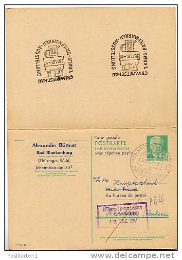 DDR P70 I  Postkarte Mit Antwort PRIVATER ZUDRUCK BÖTTNER #2 Sost. AUSSTELLUNG Crimmitschau 1961 - Cartes Postales Privées - Oblitérées