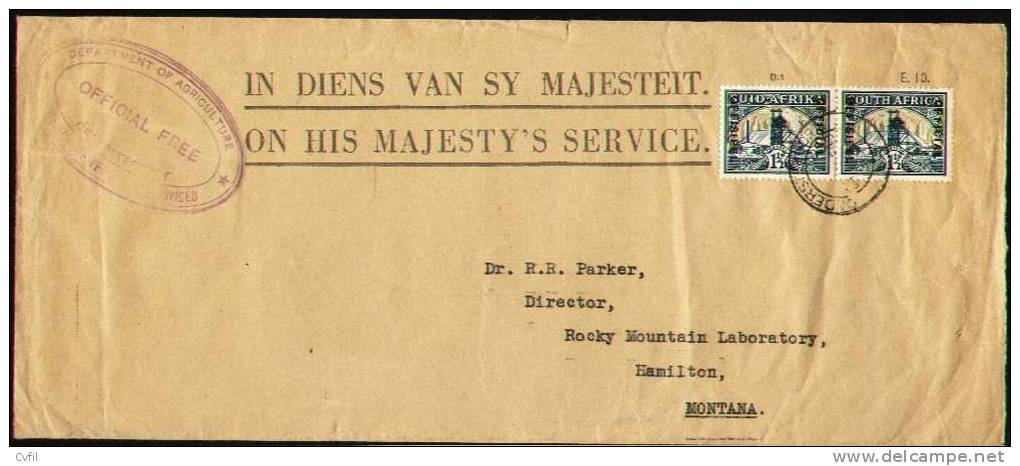 SOUTH AFRICA 1940 - COVER With A Pair Of 1½d OFFICIAL From Onderstepoort To Hamilton, USA - Servizio