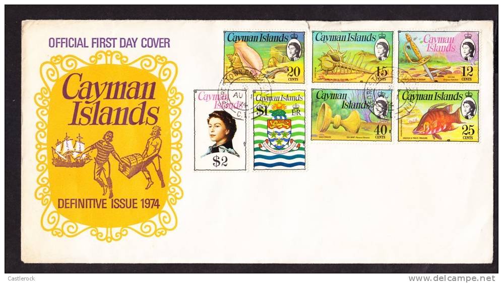 O) 1974 CAYMAN ISLANDS, QUEEN ELIZABETH II, OBJECTS OF A KINGDOM IN THE SEA, SHIELD,FDC. - Iles Caïmans