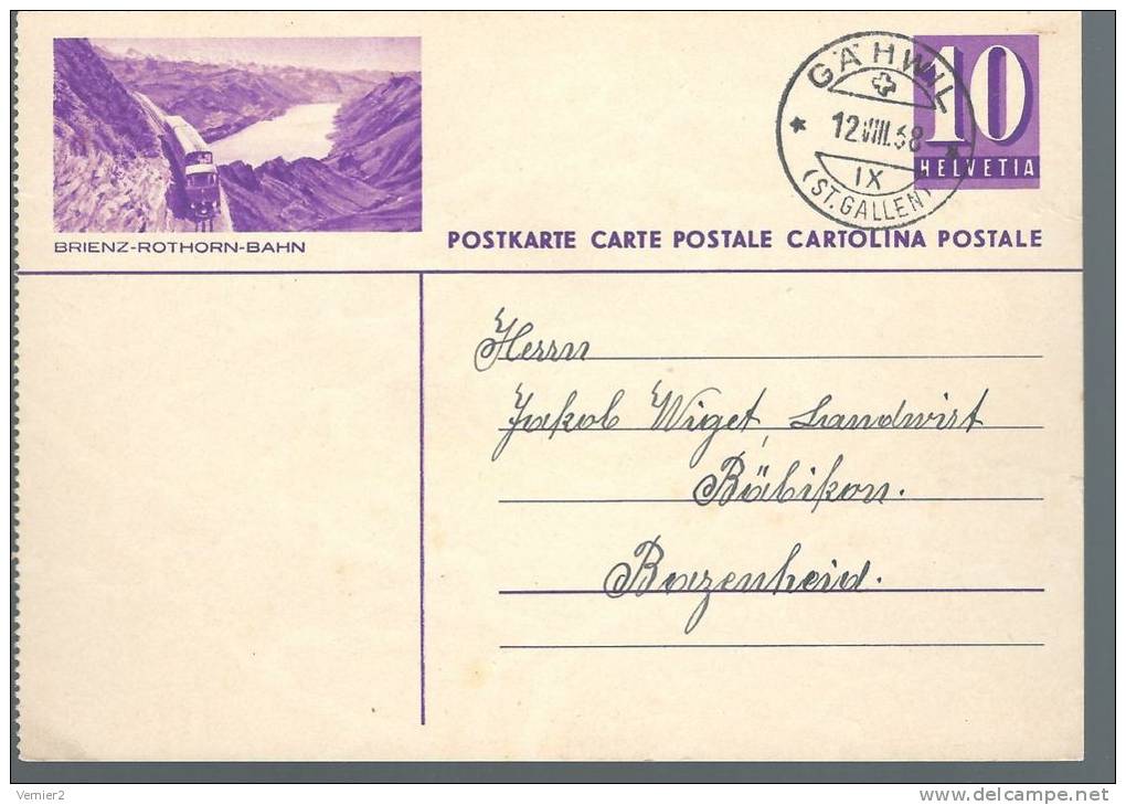 Entier Postal Brienz Rothorn Bahn .- Obl. Gähwil 12.08.1938 - Enteros Postales