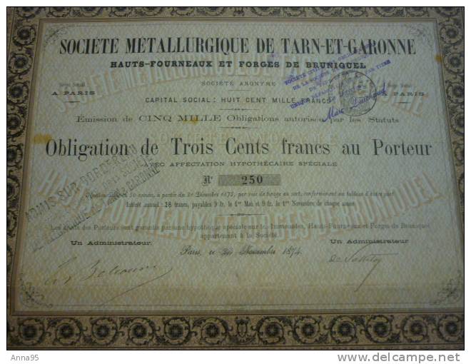 ACTION ANNEE 1874 STE METALLURGIQUE DE TARN ET GARONNE 300 FRANCS  AU PORTEUR N°250 - Industrie