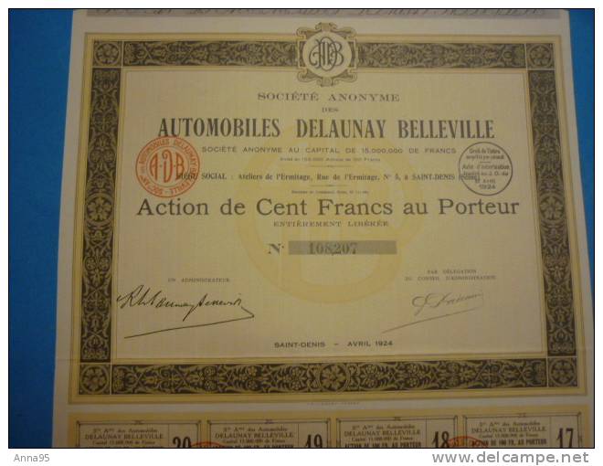 ACTION 1924  AUTOMOBILMES DELAUNAY BELLEVILLE DE 100 FRANCS AU PORTEUR Complète - Automobile
