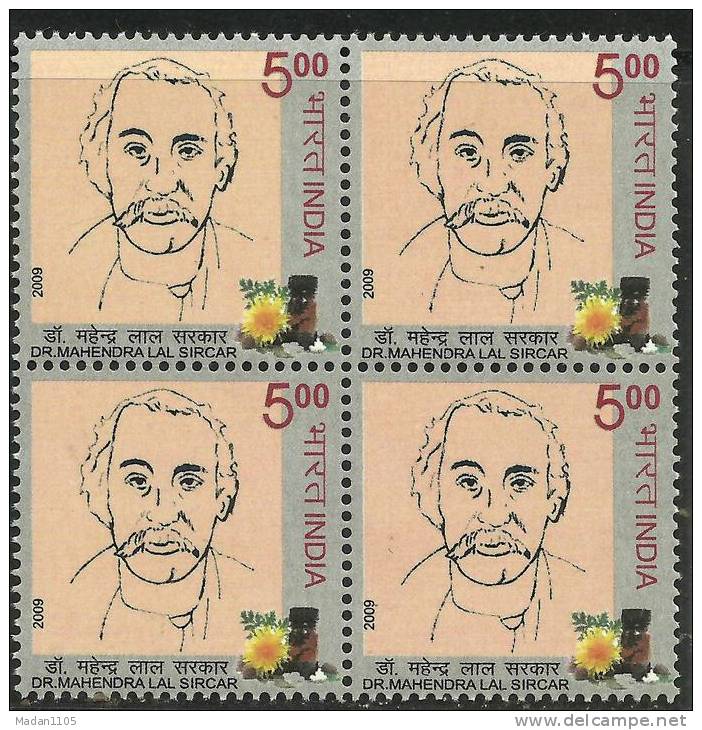INDIA, 2009, Dr Mahendra Lal Sircar,  Block Of 4, Homeopathy Doctor, Physician, Health, MNH,(**) - Unused Stamps