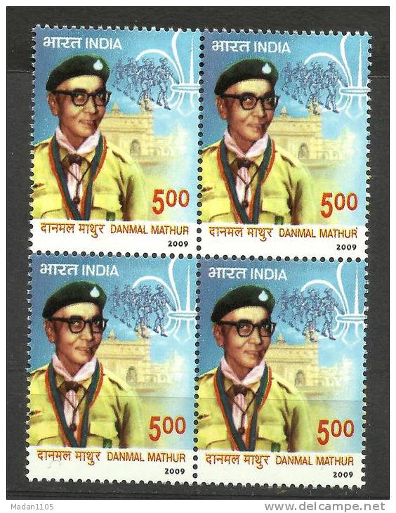INDIA, 2009, Danmal Mathur, Chief Scout Of India, Block Of 4, Scout, Scouts,  MNH,(**) - Unused Stamps