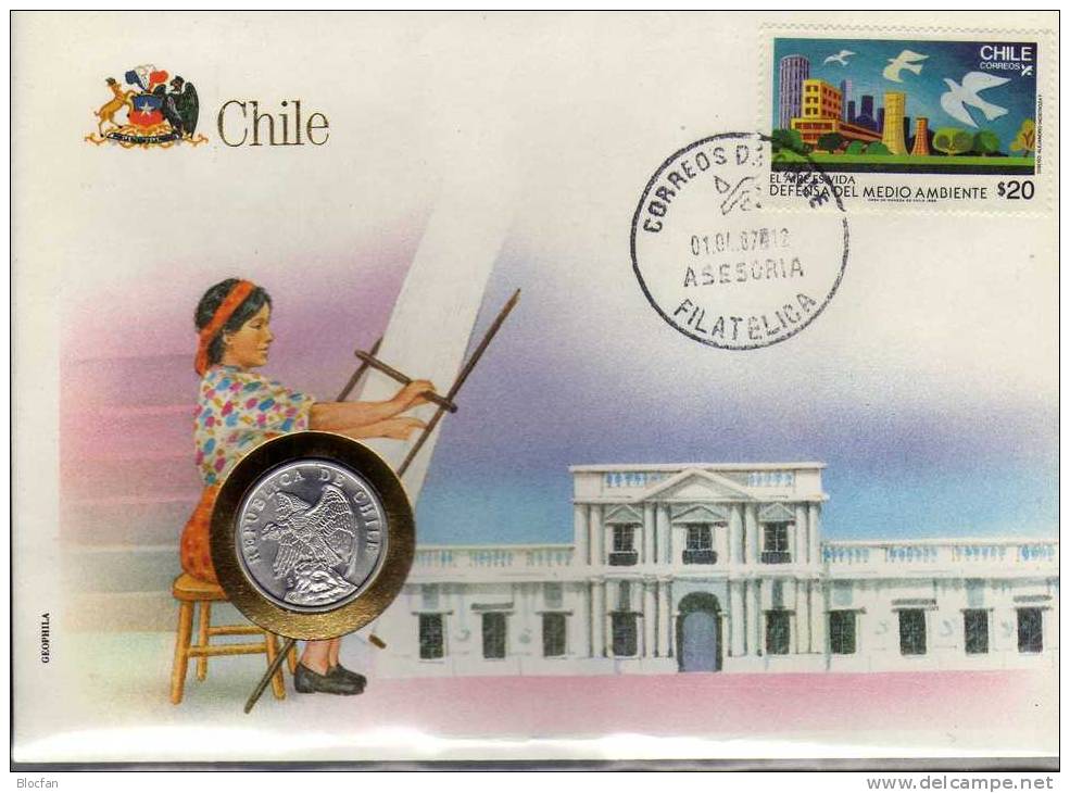 Numisbrief 1987 Numisletter Chile #203 1C Adler Plus Stamp 20$ O 15€ Taube UNO #455 Flagge Flag Coins Cover Of America - Chile