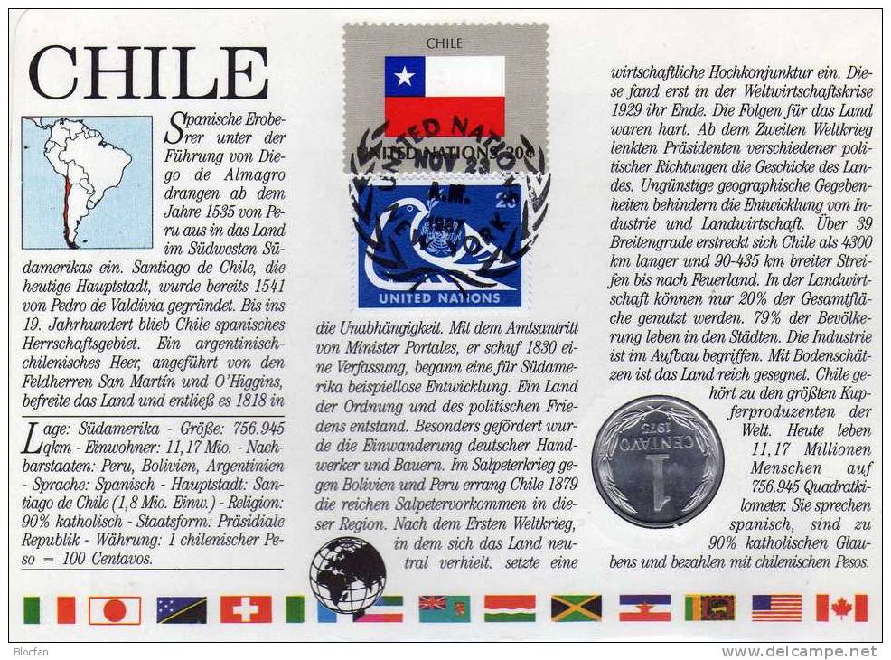 Numisbrief 1987 Numisletter Chile #203 1C Adler Plus Stamp 20$ O 15€ Taube UNO #455 Flagge Flag Coins Cover Of America - Chile