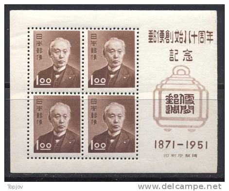 JAPAN - NIPPON - JAPON - 80th. ANNIVERSARY OF POSTAL SERVICE - **MNH - 1951 - Blocks & Sheetlets