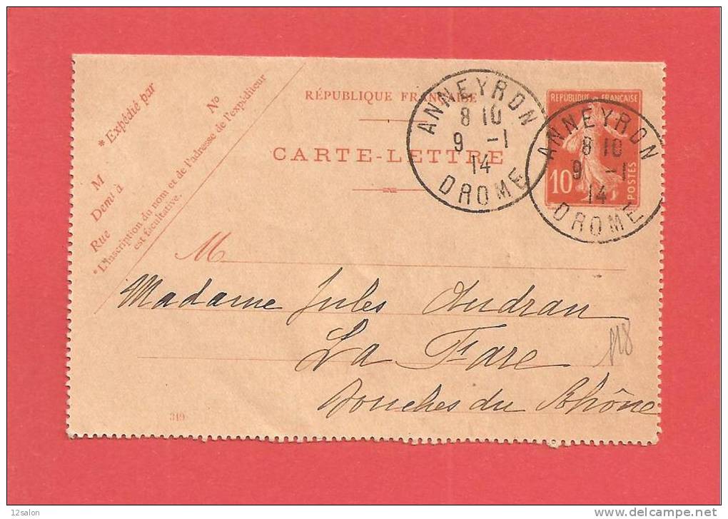 Lettre N° 138 Entier Obl ANNEYRON DROME - 1906-38 Semeuse Con Cameo