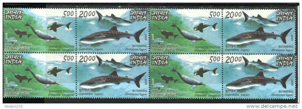 INDIA, 2009, Fauna, Butanding And Gangetic Dolphins, India-Philippines Jt Issue, Setenant Set, Block Of 4, MNH, (**) - Dolphins