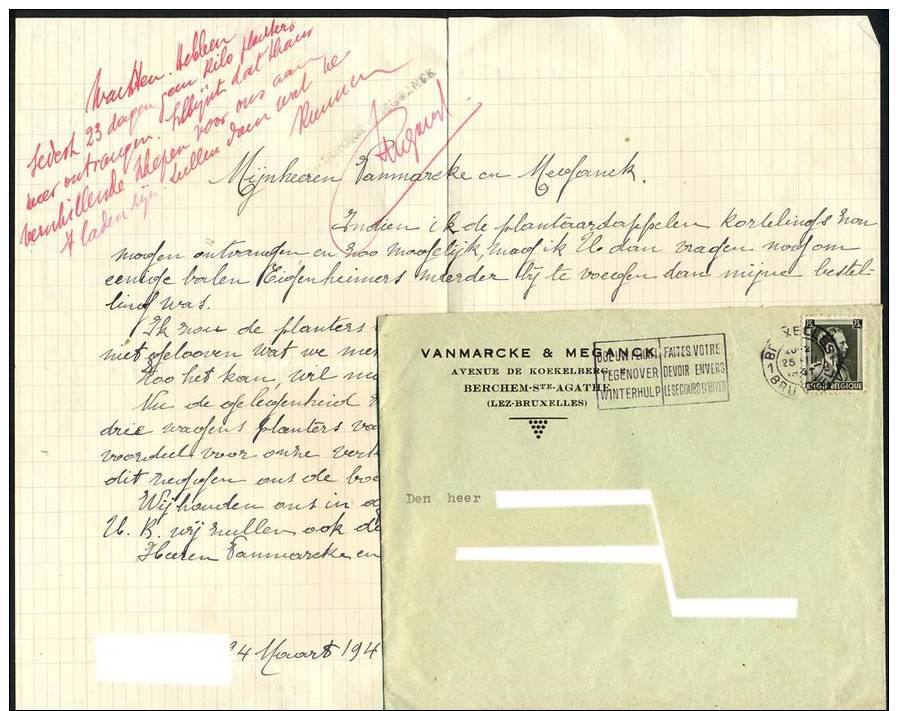 Berchem Ste Agathe / Sint Agatha Berchem / Brussel / Bruxelles / Av. De Koekelberg, Enveloppe + Brief 1941 - Historical Documents