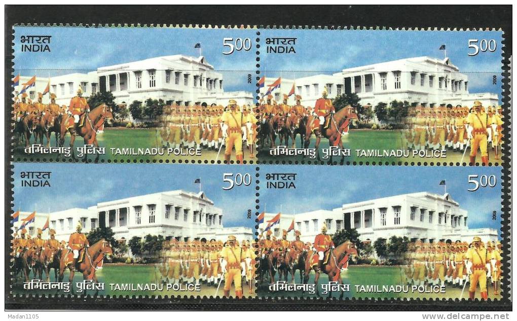 INDIA, 2009, Tamilnadu Police Force,  Tamil Nadu,  Block Of 4, Horse, Parade, Monument, Flag, MNH, (**) - Ungebraucht