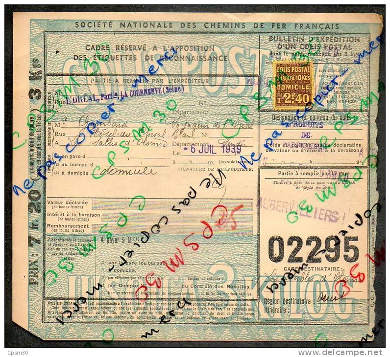 Colis Postaux Bulletin Expédition 7.20 F 3 Kg Timbre 2.40 F N° 02295 (cachet Gare SNCF AUBERVILLIERS) - Briefe U. Dokumente