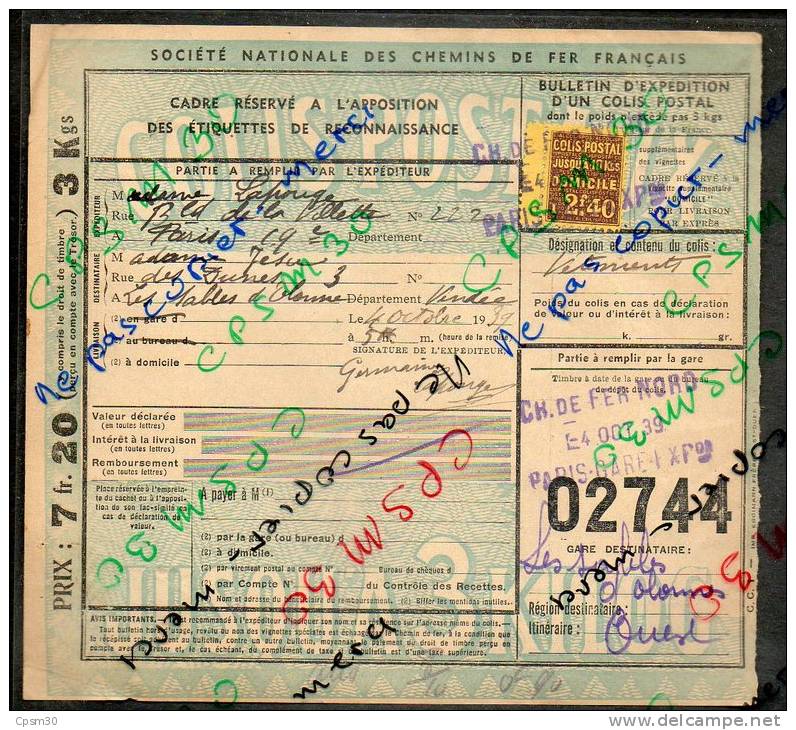 Colis Postaux Bulletin Expédition 7.20 F 3 Kg Timbre 2.40 F N° 02744 (cachet Gare SNCF Nord PARIS-GARE-EXP) - Brieven & Documenten