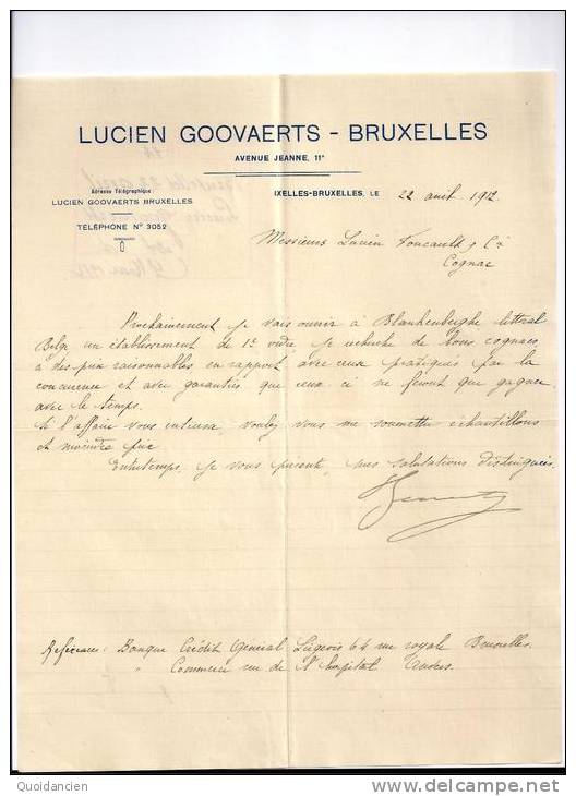 Entête  22/04/1912  -  IXELLES  BRUXELLES  (  Belgique )  Lucien  GOOVAERTS  ( Cognac) - 1900 – 1949
