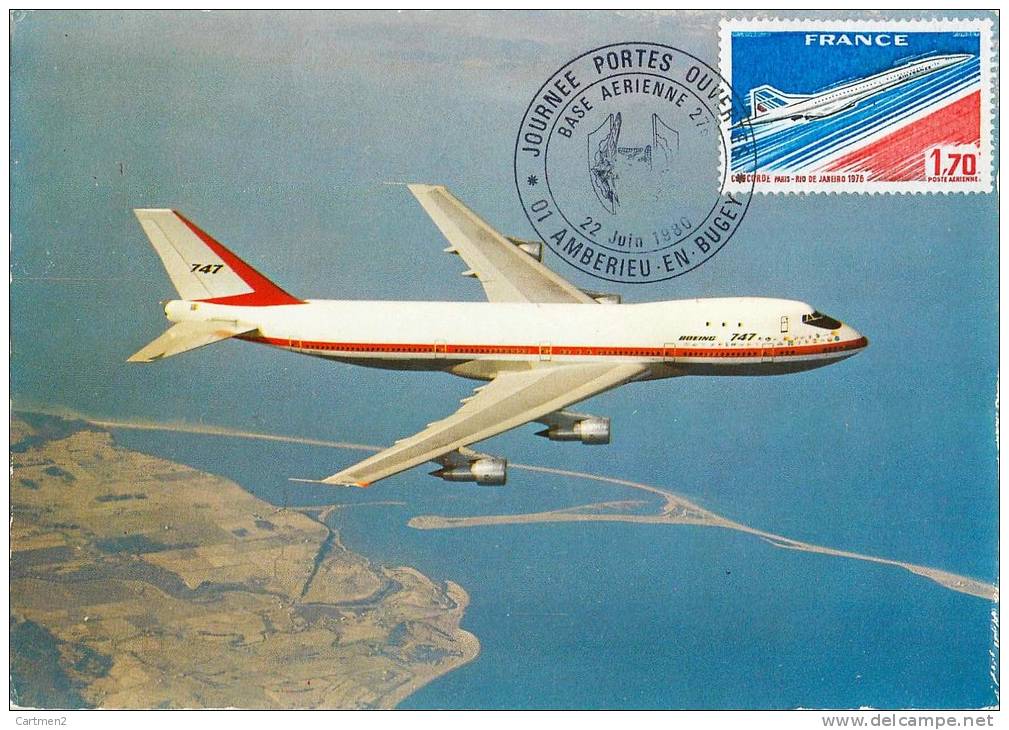 CARTE PREMIER JOUR CARTE MAXIMUM BASE AERIENNE D'AMBERIEU-EN-BUGEY AIN 1980 BOEING 747 - 1946-....: Modern Tijdperk