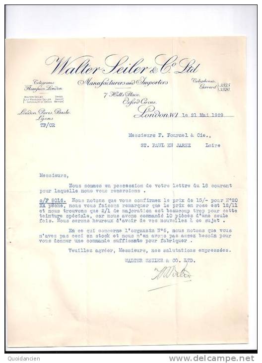 Entête 21/05/1929  -  LONDON  (Londres )  Vers  St  PAUL  EN  JAREZ  ( Loire )  -  WALTER  SEILOR   ( Lacets) - Verenigd-Koninkrijk