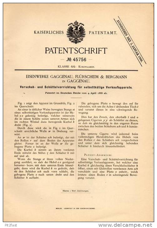 Original Patentschrift - Flürscheim & Bergmann In Gaggenau , 1888 , Verkaufsapparat - Schüttelvorrichtung , Automat !!! - Historische Dokumente