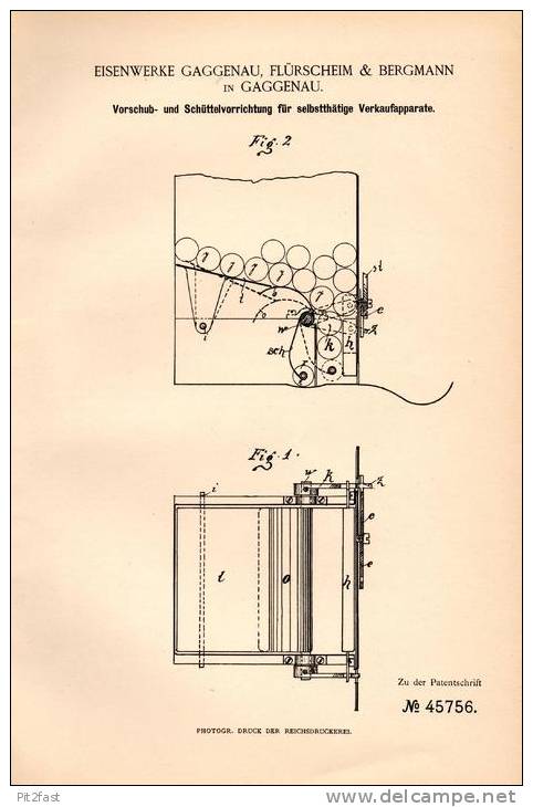 Original Patentschrift - Flürscheim & Bergmann In Gaggenau , 1888 , Verkaufsapparat - Schüttelvorrichtung , Automat !!! - Historische Dokumente