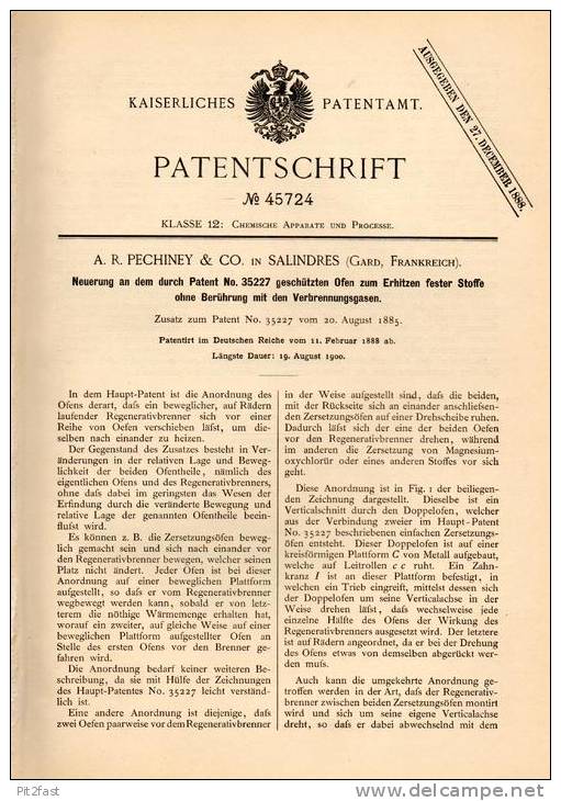 Original Patentschrift - A.R. Pechiney & Co à Salindres , Gard , 1888 ,Fours Pour Le Chauffage Des Solides !!! - Sonstige & Ohne Zuordnung