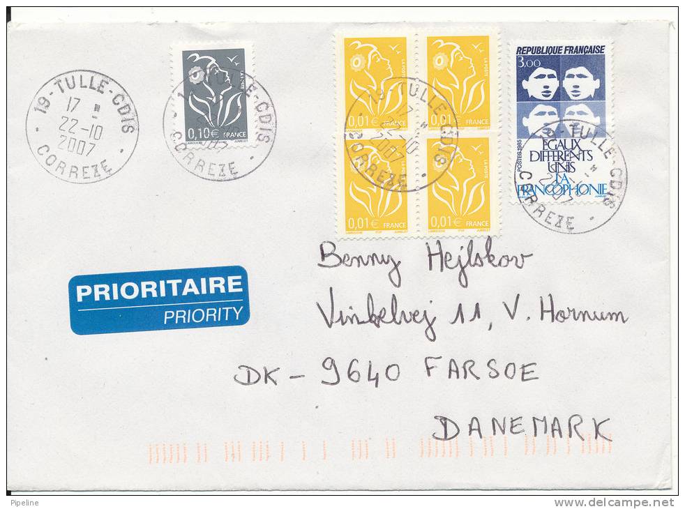 France Cover Sent To Denmark Tulle - Cdis Correxe 22-10-2007 With More Stamps - Covers & Documents