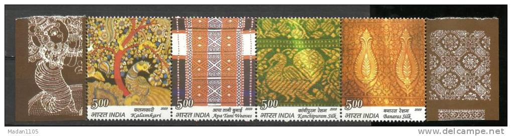 INDIA, 2009, Traditional Indian Textiles, Setenant Set 4 V, (With Broad Margins) MNH, (**) - Unused Stamps