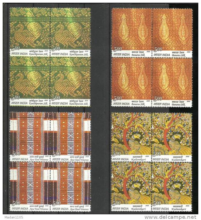 INDIA, 2009, Traditional Indian Textiles,  Set 4 V, Block Of 4, MNH, (**) - Ungebraucht