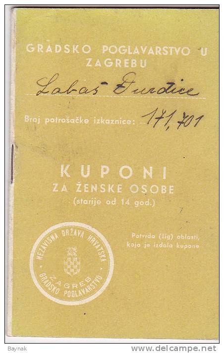 CROATIA NDH  WAR WOMEN RATION BOOKLET FOR CLOTHES  KUPONI ZA ZENSKE OSOBE STARIJE OD 14 GOD.   -  KRIEG FERKAUFS KUPON - Documents Historiques