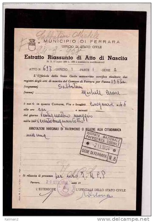 782  -  ESTRATTO RIASSUNTO ATTO DI NASCITA   /   MUNICIPIO DI FERRARA   29.10.1964 - Non Classificati