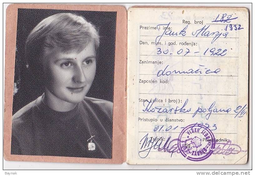 CROATIA  -  ARTISTIC CULTURAL  SOCIETY  RAILROAD  -   ID CARD   -    WITH LADY PHOTO - Historische Dokumente