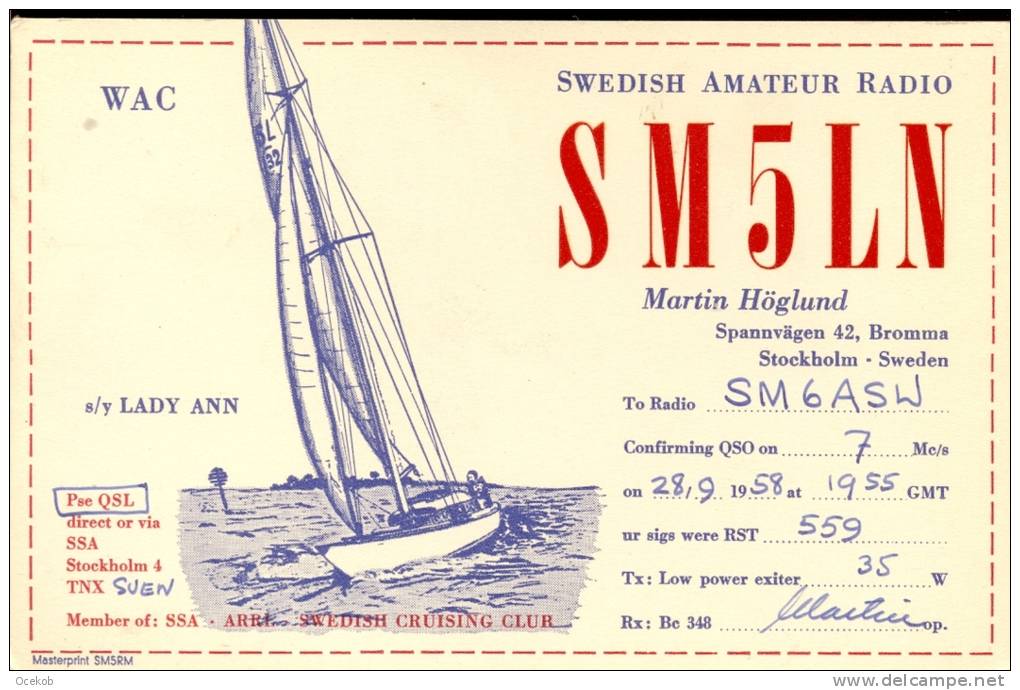 QSL -  Kaart - Amateur Radio - Martin Hogland Bromma Stockholm  Sweden 1955 - Autres & Non Classés