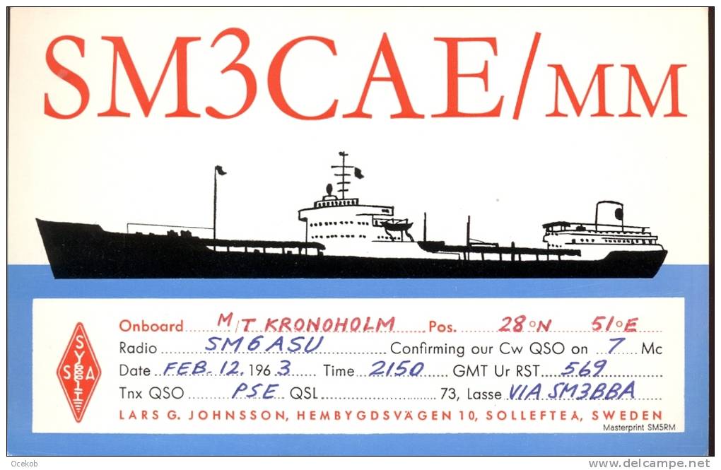 QSL -  Kaart - Amateur Radio Sweden - On Board Kronoholm - Solleftea 1963 - Autres & Non Classés