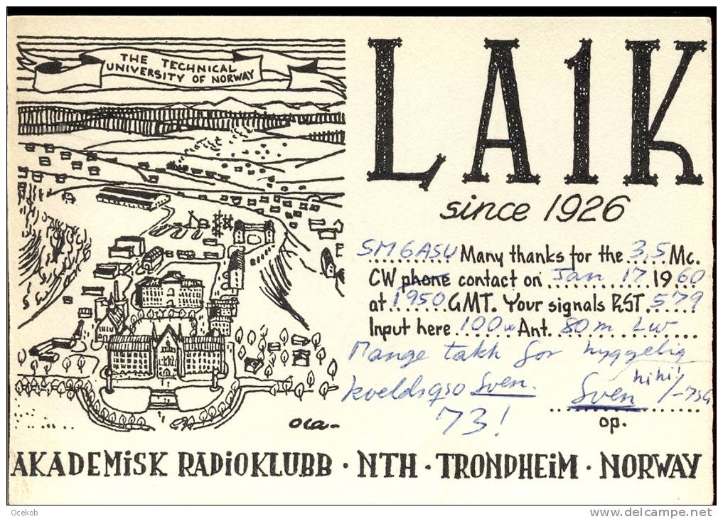 QSL -  Kaart - Amateur Radio Norway - Tronheim 1960 - Akademisk Radioklubb NTH - Autres & Non Classés