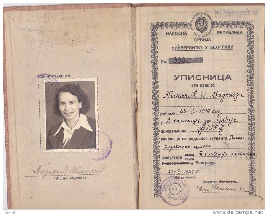 YUGOSLAVIA , SERBIA   -  UNIVERZITET BELGRAD  -   UPISNICA, INDEX  -  MATRICULATION BOOK  -    WITH LADY PHOTO - Historische Dokumente