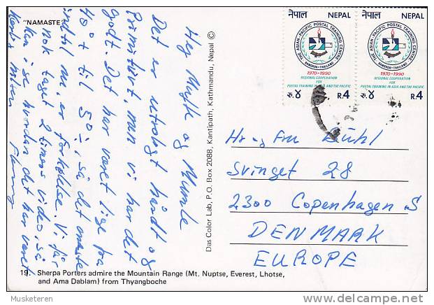 Nepal PPC Greetings From Nepal Lhotse Everest Nuptse Mt. Amadablam 1990? To Denmark (2 Scans) - Nepal