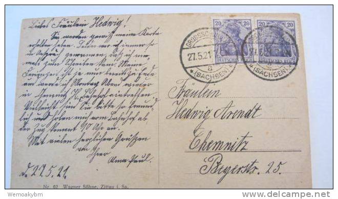 AK Postcard Von Grossschönau Vom 27.5.21 Mit Kirche Und Fabrikgebäuden Mit Mi-Nr. 87 - Grossschoenau (Sachsen)