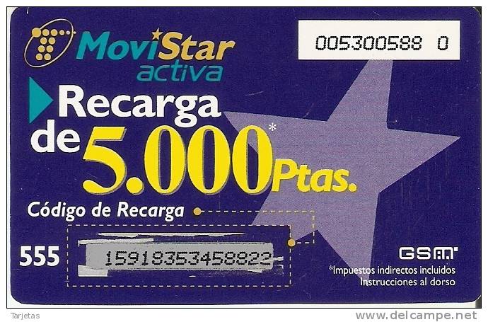 GSMAR-003 TARJETA RECARGA MOVISTAR ACTIVA 5000 PTAS NUMERO 909 - Telefonica