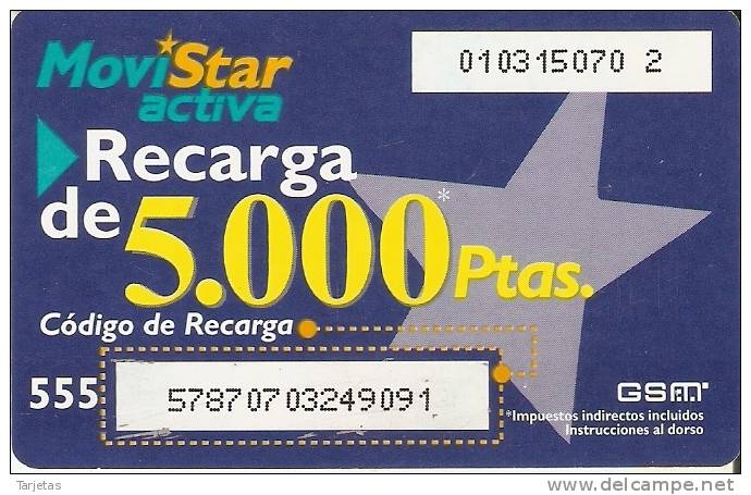 GSMAR-005 TARJETA RECARGA MOVISTAR ACTIVA 5000 PTAS NUMEROS SOBRE BLANCO - Telefonica