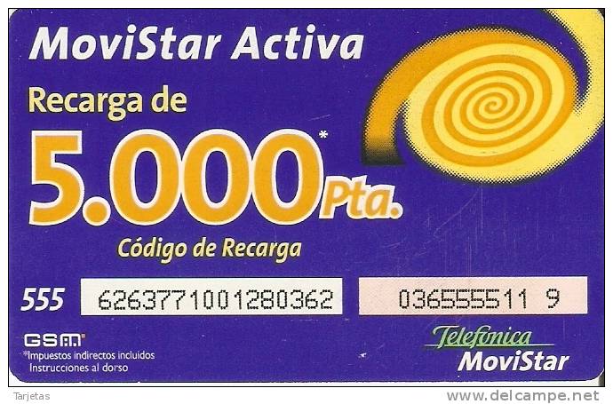 GSMAR-010 TARJETA RECARGA MOVISTAR ACTIVA 5000 PTAS (16 DIGITOS ) - Telefonica